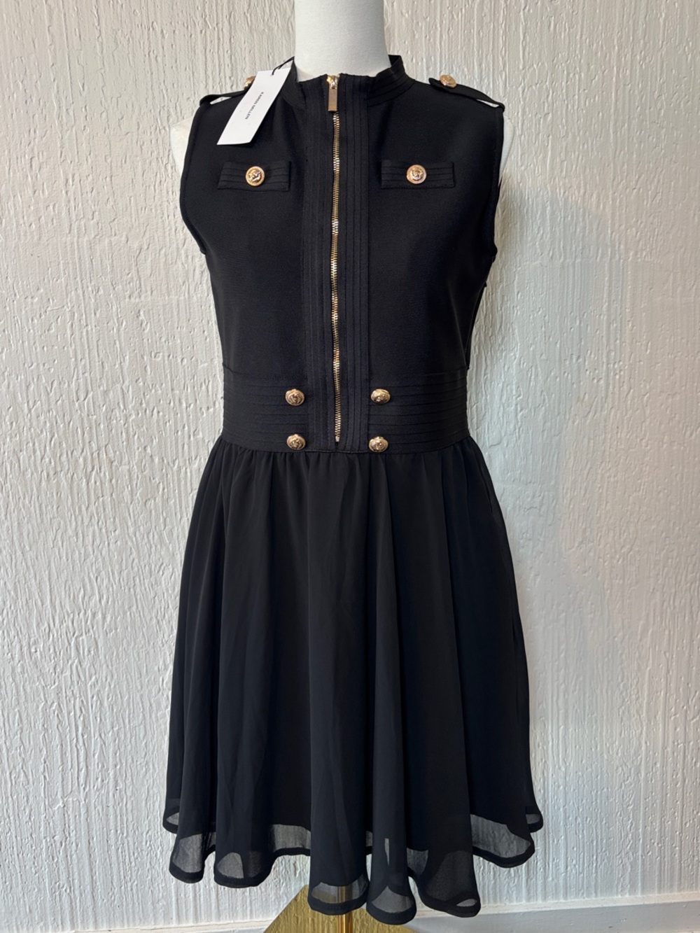 Karen Millen Black Sleeveless Zip-Front Fit & Flare Dress with Gold Buttons